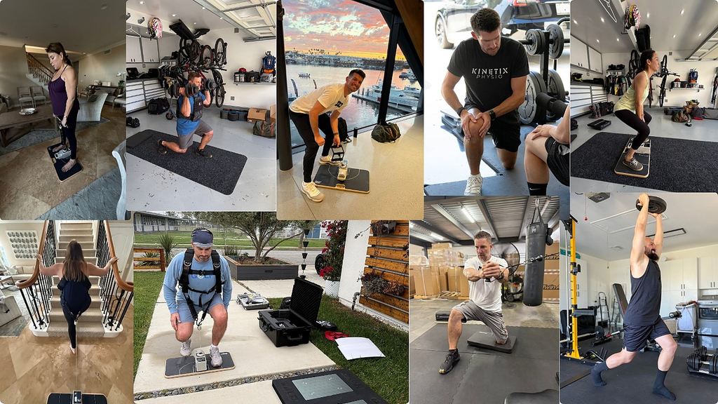 Collage of Kinetix Physio training and VALD force plate testing sessions across Orange County homes and gyms