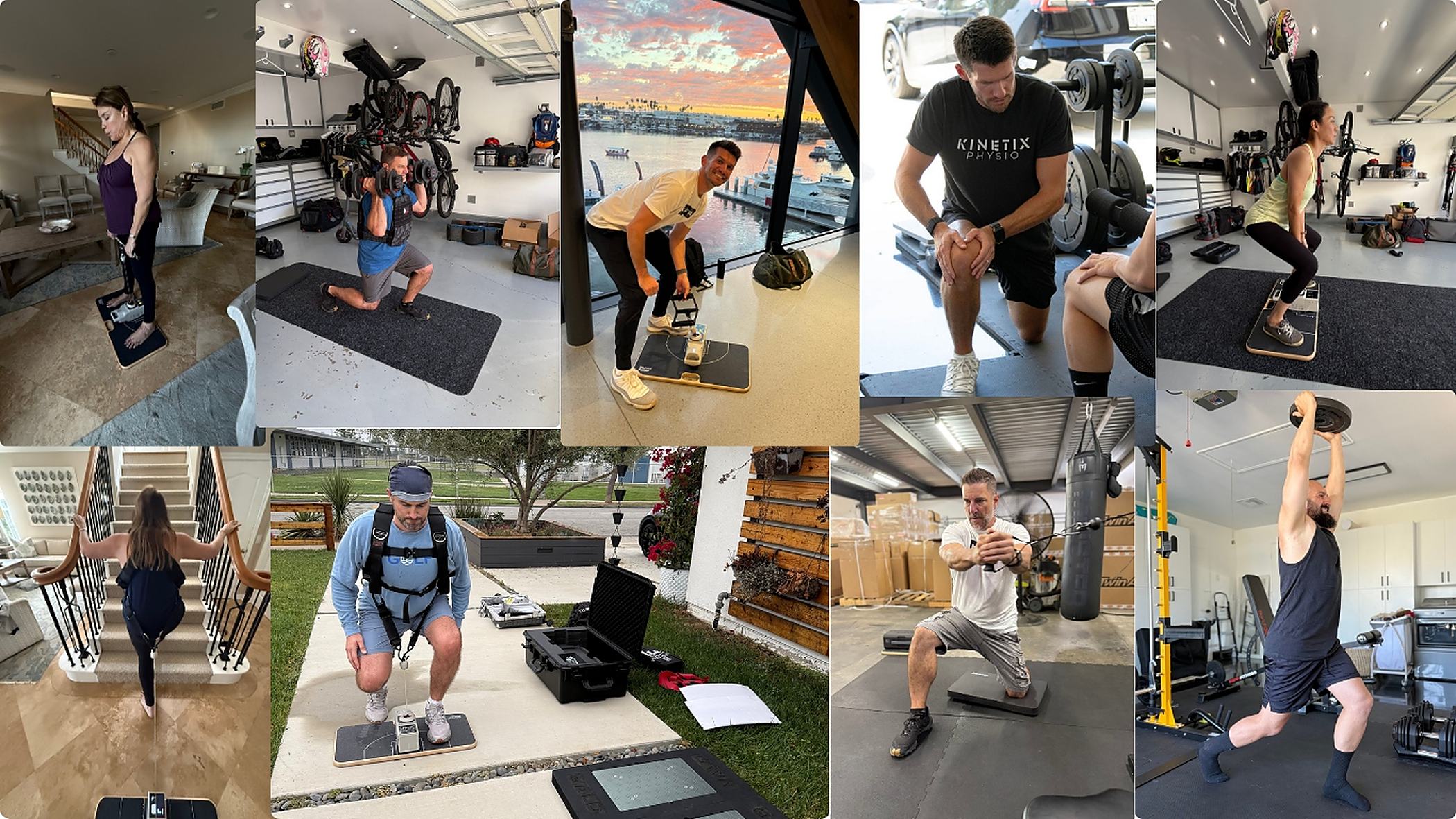 Collage of Kinetix Physio training and VALD force plate testing sessions across Orange County homes and gyms